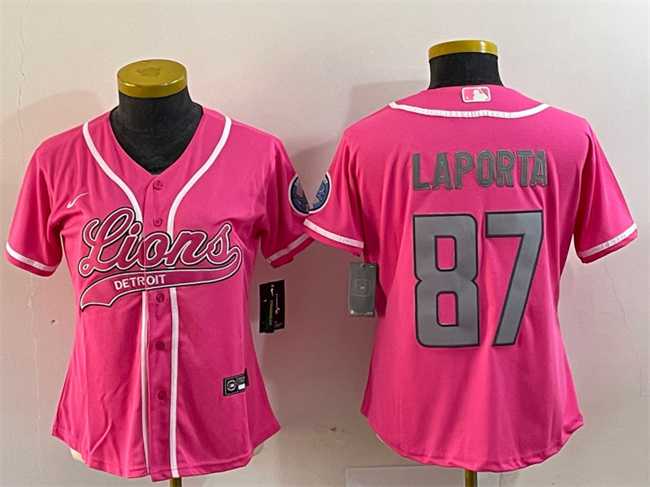 Womens Detroit Lions #87 Sam LaPorta Pink With Patch Cool Base Stitched Baseball Jersey(Run Small)